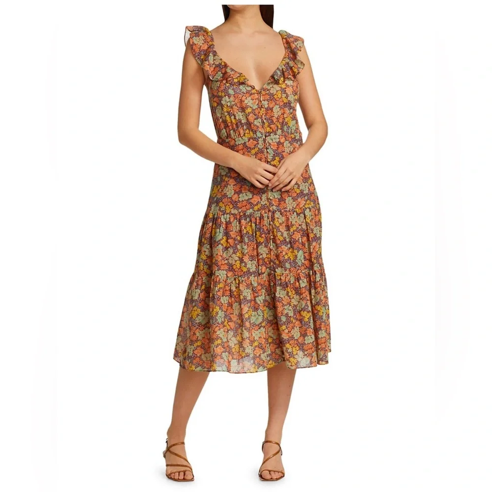 Veronica Beard Malgosia Floral-Print Button-Front‎ Ruffle cottage Midi Dress